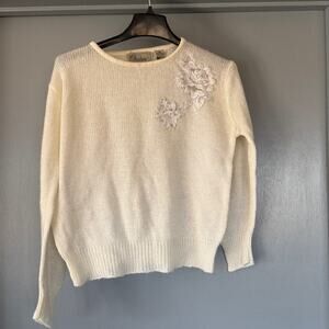 Andene Floral Metallic Embroidery Beads Women's Cream Sweater Long Sleeves sz M